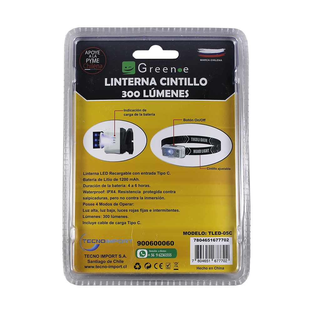 Linterna Led Cintillo Recargable 300 L&uacute;menes
