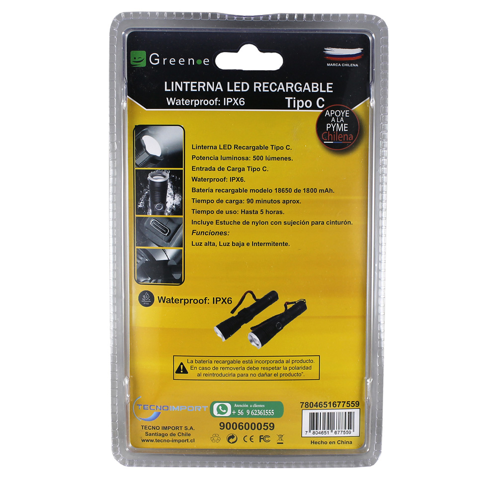 Linterna Led Recargable 500 L&uacute;menes